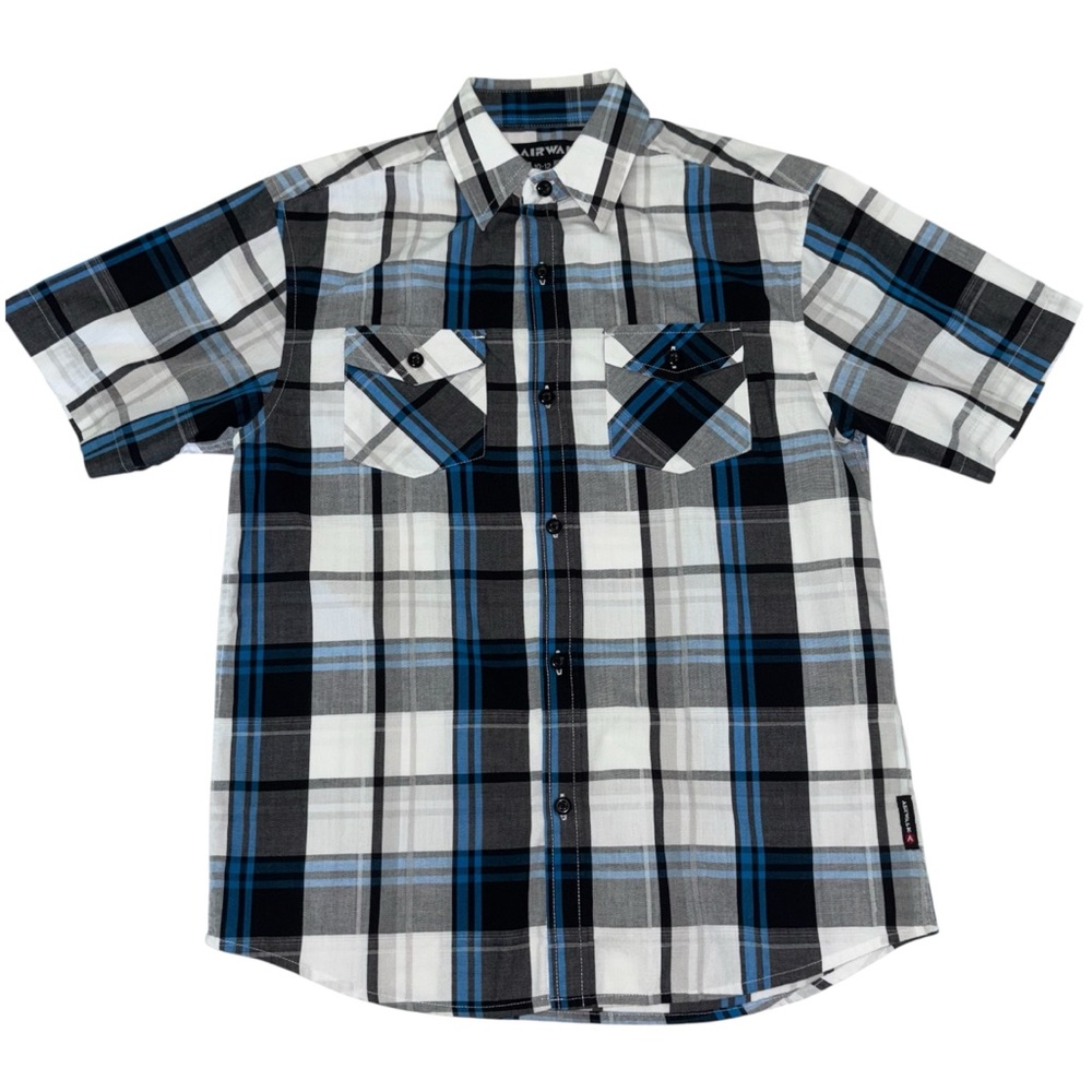 Airwalk Boys Size 10-12 Button Up Short Sleeve Shirt Blue Black Plaid